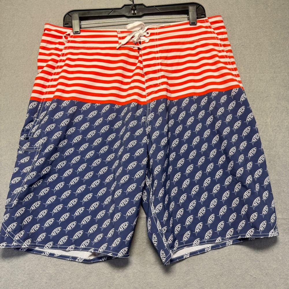 AFTCO Mens Board Shorts 36x9 Red White Stripe Blue Fish Logo Swim‎ Trunks